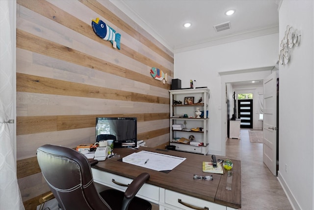 1314 Briar Cliff St, Conroe, TX 77385 - office featuring wooden walls, crown molding, recessed lighting, baseboards, and concrete flooring