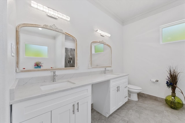 1314 Briar Cliff St, Conroe, TX 77385 - full bathroom with crown molding, double vanity, toilet, and plenty of natural light