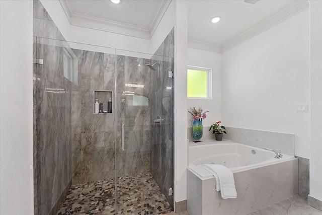 1314 Briar Cliff St, Conroe, TX 77385 - full bathroom featuring a stall shower, ornamental molding, a whirlpool tub, and recessed lighting