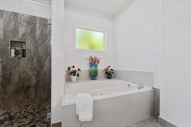 1314 Briar Cliff St, Conroe, TX 77385 - full bathroom featuring ornamental molding, a stall shower, and a jetted tub