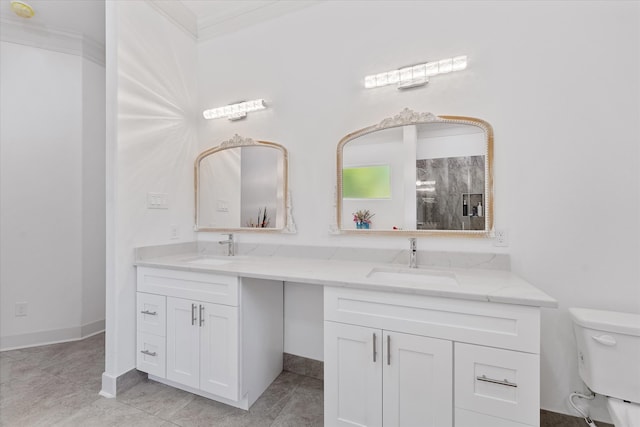1314 Briar Cliff St, Conroe, TX 77385 - full bath with crown molding, double vanity, toilet, and tile patterned flooring