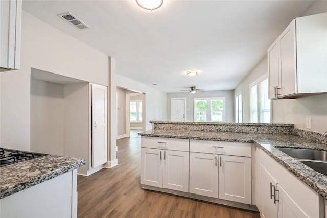 801 S Travis Ave, Cleveland, TX 77327 - kitchen with a sink, a peninsula, wood finished floors, and white cabinets
