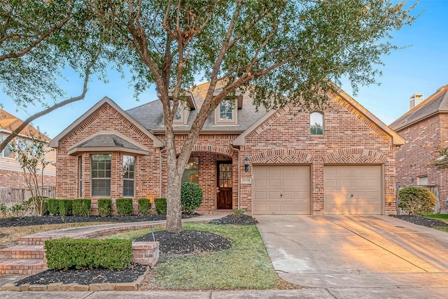 18306 S Austin Shore Dr, Cypress, TX 77433 - view of front facade with brick siding, driveway, roof with shingles, a garage, and fence