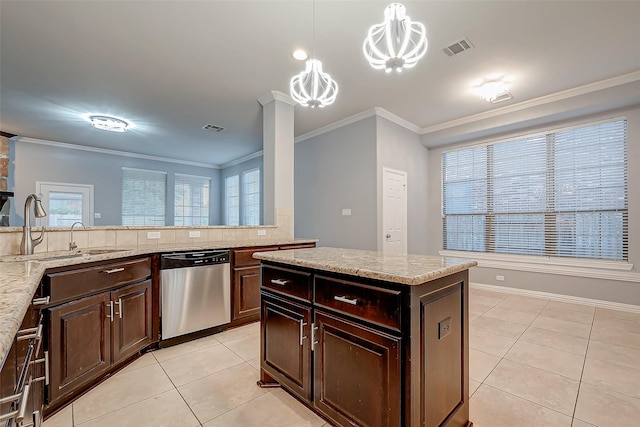 18306 S Austin Shore Dr, Cypress, TX 77433 - kitchen featuring stainless steel dishwasher, light tile patterned flooring, ornamental molding, a chandelier, and a sink