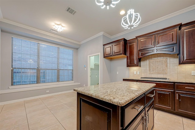 18306 S Austin Shore Dr, Cypress, TX 77433 - kitchen with light tile patterned floors, ornamental molding, a chandelier, decorative backsplash, and light stone countertops
