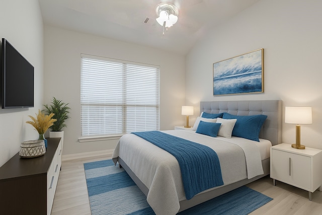 18306 S Austin Shore Dr, Cypress, TX 77433 - bedroom featuring light wood-type flooring, vaulted ceiling, baseboards, and a ceiling fan