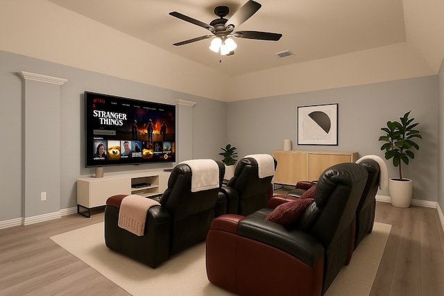 18306 S Austin Shore Dr, Cypress, TX 77433 - cinema room featuring light wood-style flooring, a ceiling fan, and baseboards