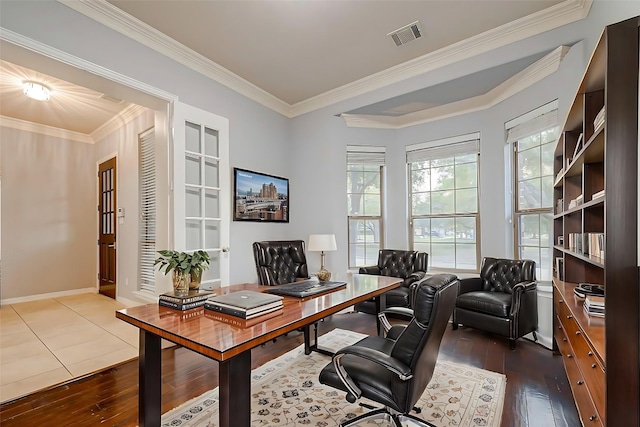 18306 S Austin Shore Dr, Cypress, TX 77433 - office space with hardwood / wood-style floors, crown molding, and baseboards