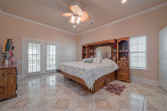 1241 Terrazas Ln, Sealy, TX 77474 - bedroom featuring french doors, access to exterior, multiple windows, crown molding, and baseboards
