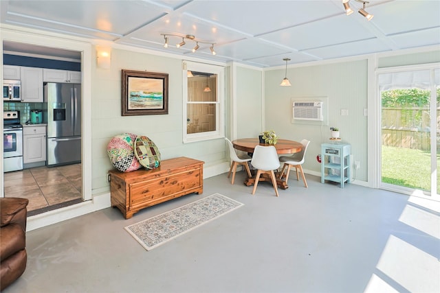 1902 Bayou Shore Dr, Galveston, TX 77551 - sunroom / solarium featuring a wall mounted air conditioner and coffered ceiling