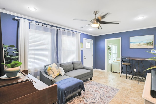 1902 Bayou Shore Dr, Galveston, TX 77551 - living room with crown molding, a ceiling fan, tile patterned floors, and recessed lighting