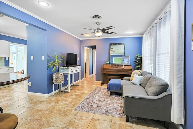 1902 Bayou Shore Dr, Galveston, TX 77551 - living room with ceiling fan, crown molding, recessed lighting, and light tile patterned floors