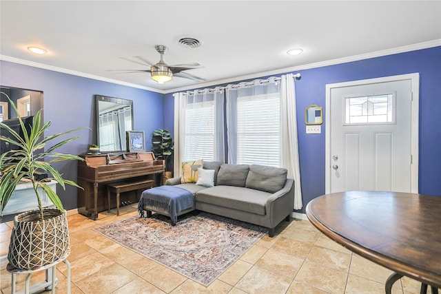 1902 Bayou Shore Dr, Galveston, TX 77551 - living room with ornamental molding and a ceiling fan