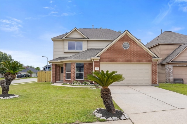 1214 Sabine Brook Way, Houston, TX 77073 - traditional-style home with brick siding, an attached garage, driveway, and roof with shingles