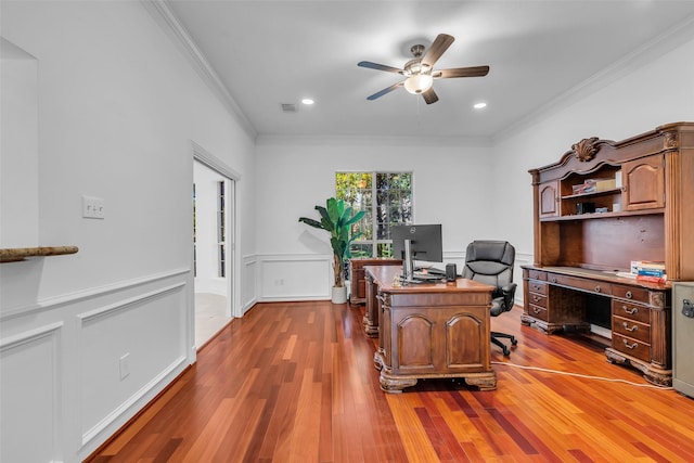 24 Stonegate Park Ct, Spring, TX 77379 - office area featuring crown molding, a ceiling fan, wood finished floors, recessed lighting, and wainscoting