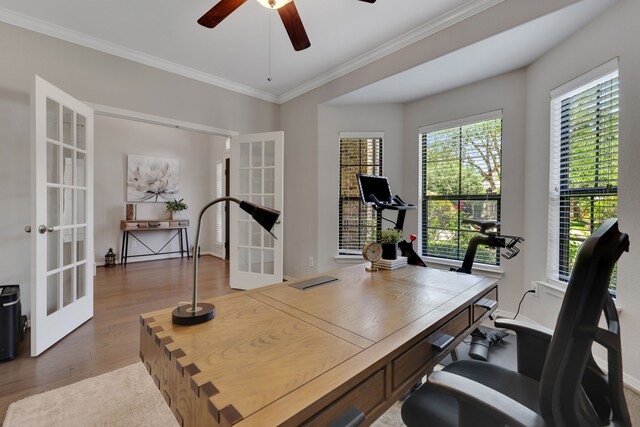 6706 Miller Shadow Ln, Sugar Land, TX 77479 - office area featuring french doors, wood finished floors, ceiling fan, and ornamental molding