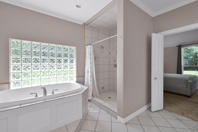 full bath with ornamental molding, a tile shower, a bath, tile patterned floors, and baseboards