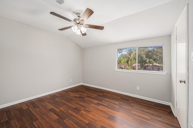 6046 W Airport Blvd, Houston, TX 77035 - empty room featuring vaulted ceiling, dark wood finished floors, baseboards, and a ceiling fan