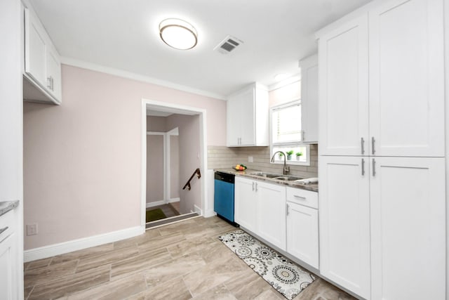 129 E 6th St, Deer Park, TX 77536 - kitchen featuring a sink, dishwashing machine, backsplash, white cabinets, and baseboards