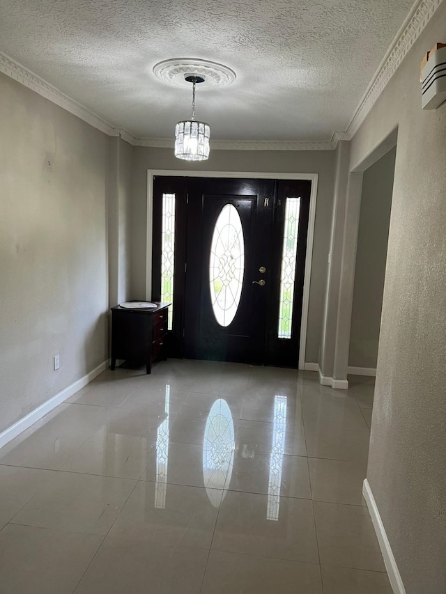 1506 Grand Valley Dr, Houston, TX 77090 - entryway with plenty of natural light, a textured ceiling, crown molding, light tile patterned floors, and baseboards