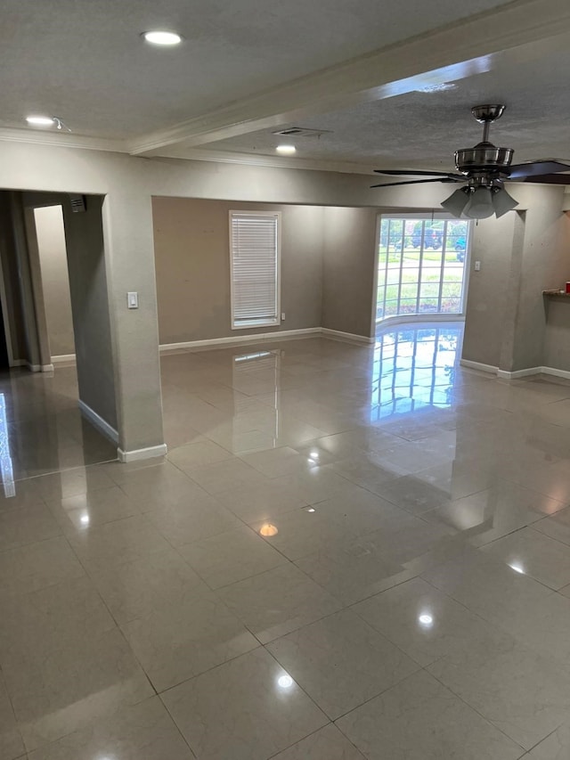 1506 Grand Valley Dr, Houston, TX 77090 - spare room featuring baseboards, recessed lighting, ornamental molding, a ceiling fan, and tile patterned flooring