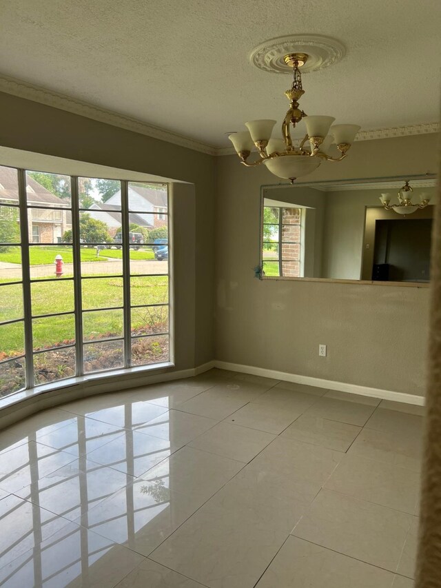 1506 Grand Valley Dr, Houston, TX 77090 - tiled empty room with a chandelier, baseboards, ornamental molding, and a textured ceiling