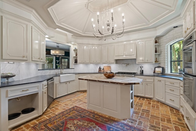 23025 Jane Rd, Tomball, TX 77377 - kitchen with open shelves, a sink, wooden counters, brick flooring, and crown molding
