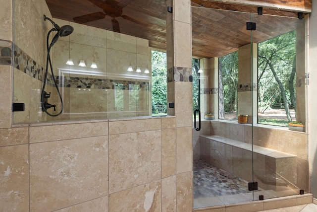 23025 Jane Rd, Tomball, TX 77377 - full bathroom featuring a stall shower and wood ceiling