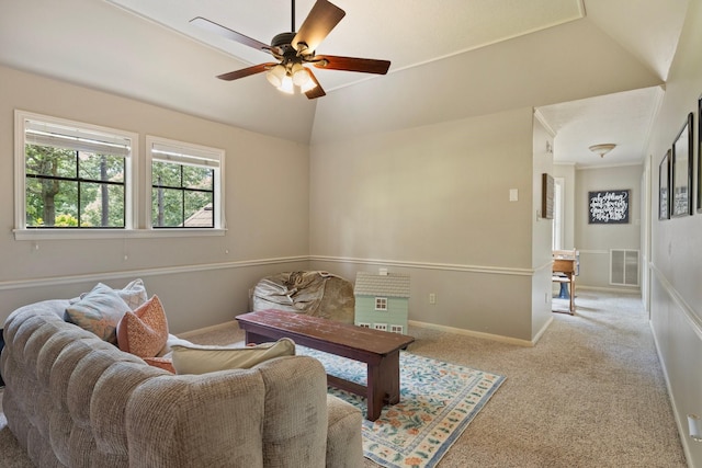 23025 Jane Rd, Tomball, TX 77377 - carpeted living room featuring vaulted ceiling, ceiling fan, and baseboards