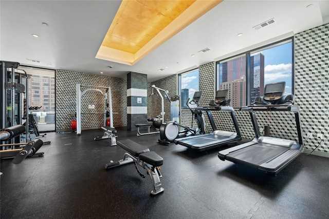 1211 Caroline St Unit 908, Houston, TX 77002 - exercise room with a raised ceiling