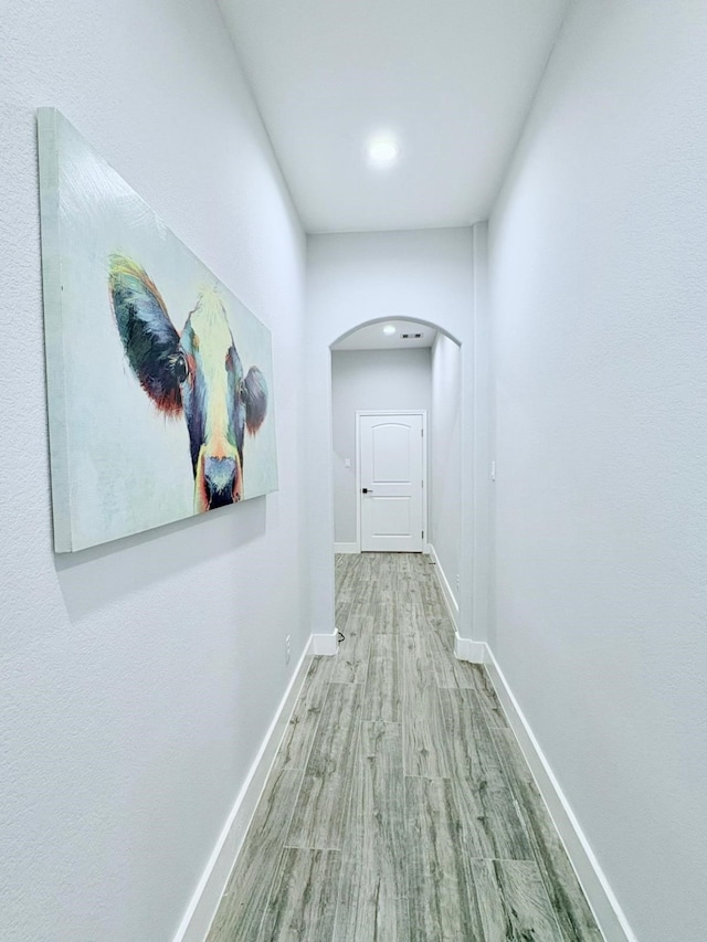 55 Ruskin Dr W, Montgomery, TX 77356 - hall featuring arched walkways, wood finished floors, and baseboards