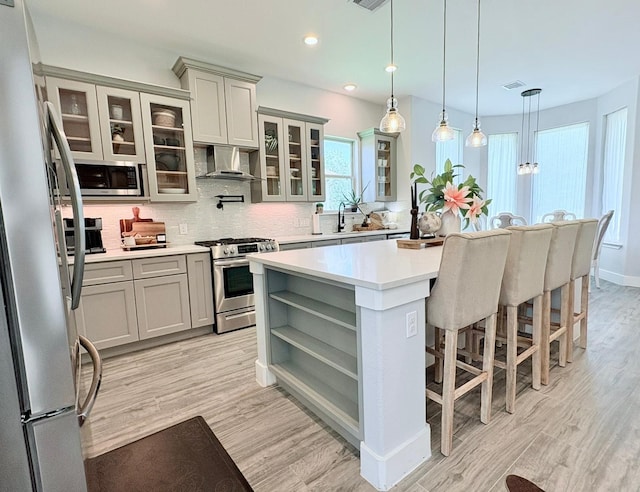 55 Ruskin Dr W, Montgomery, TX 77356 - kitchen with appliances with stainless steel finishes, wall chimney exhaust hood, open shelves, a center island, and light wood-style flooring