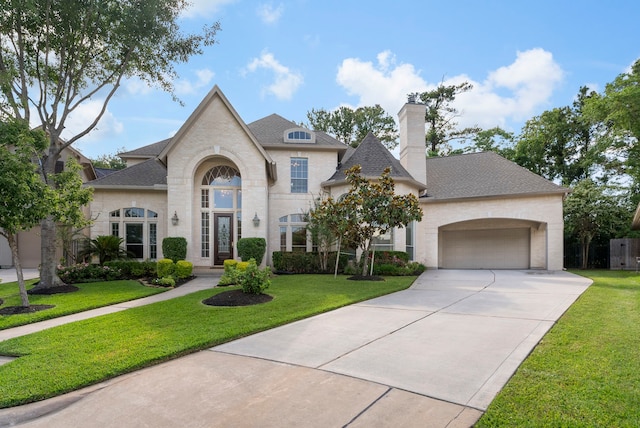 6510 Hoads Deuce Ct, Spring, TX 77379 - french provincial home featuring an attached garage, a front yard, a chimney, and concrete driveway