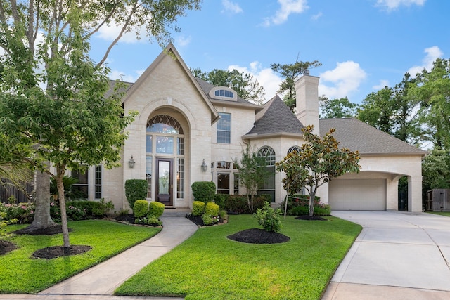 6510 Hoads Deuce Ct, Spring, TX 77379 - french provincial home featuring a garage, concrete driveway, a front lawn, a chimney, and a shingled roof