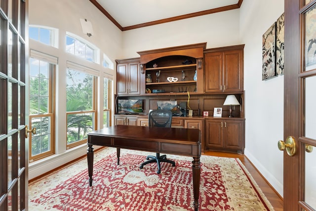 6510 Hoads Deuce Ct, Spring, TX 77379 - office area featuring ornamental molding, light wood-type flooring, and baseboards