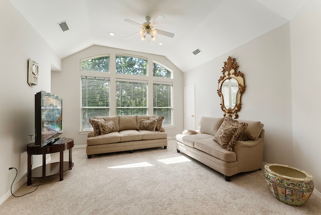 6510 Hoads Deuce Ct, Spring, TX 77379 - living area with carpet flooring, ceiling fan, vaulted ceiling, and baseboards