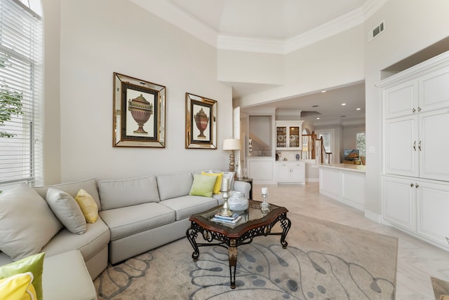 6510 Hoads Deuce Ct, Spring, TX 77379 - living room featuring plenty of natural light, a high ceiling, light marble finish floors, crown molding, and recessed lighting