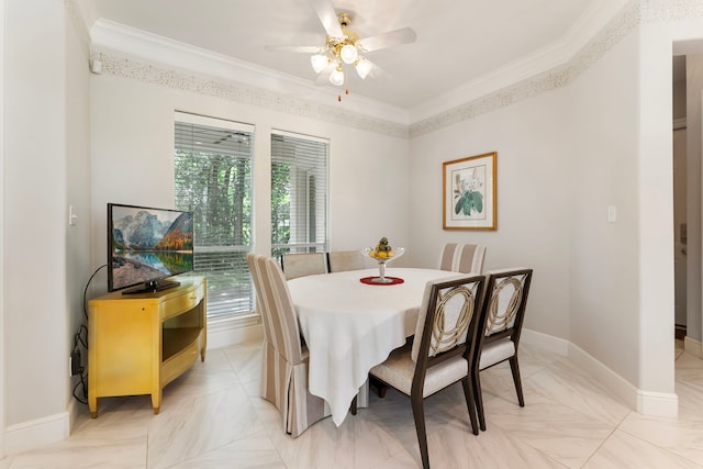 6510 Hoads Deuce Ct, Spring, TX 77379 - dining space featuring ornamental molding, ceiling fan, and baseboards