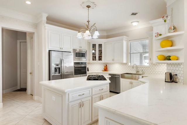 6510 Hoads Deuce Ct, Spring, TX 77379 - kitchen with appliances with stainless steel finishes, a sink, open shelves, tasteful backsplash, and ornamental molding