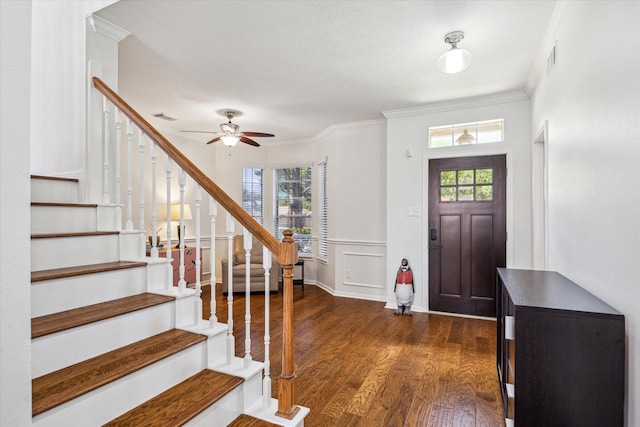 12814 Prestige Row, Houston, TX 77065 - entryway with stairs, ornamental molding, dark wood-style floors, plenty of natural light, and ceiling fan