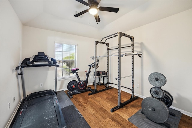 12814 Prestige Row, Houston, TX 77065 - exercise area with wood finished floors, a ceiling fan, baseboards, and a raised ceiling