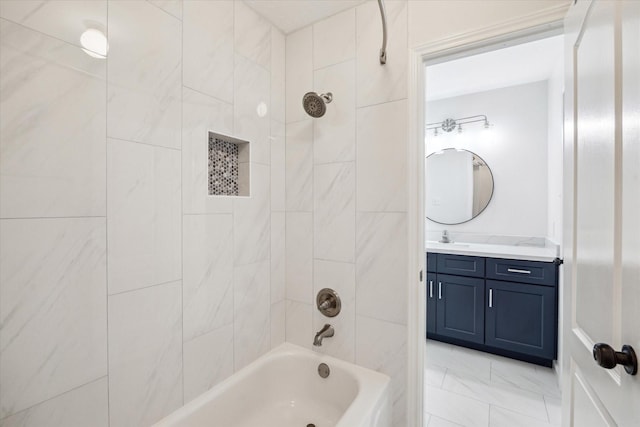 12814 Prestige Row, Houston, TX 77065 - full bathroom featuring bathing tub / shower combination, vanity, and marble look tile flooring