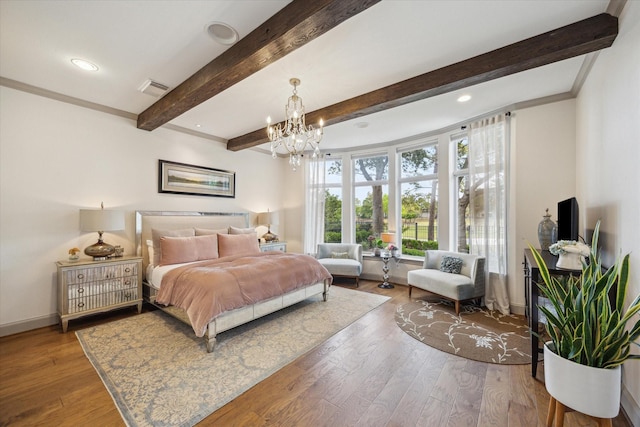 bedroom with a chandelier, wood finished floors, beam ceiling, recessed lighting, and baseboards