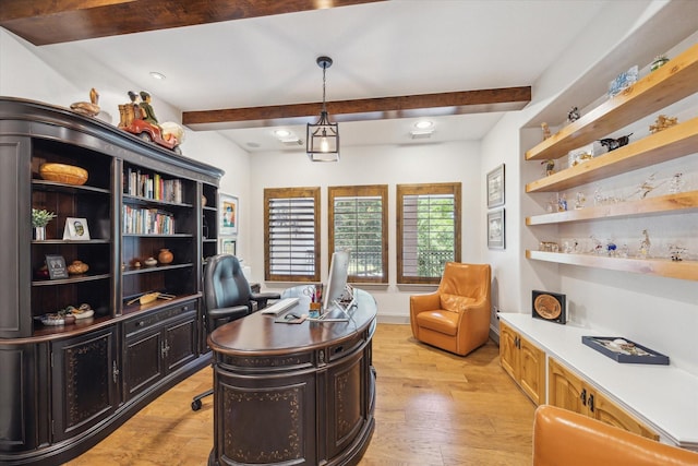 home office featuring beam ceiling, light wood-style flooring, and recessed lighting