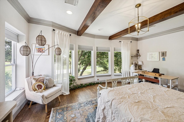 bedroom with beam ceiling, multiple windows, wood finished floors, a chandelier, and crown molding