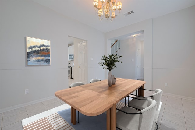 10210 Squirehill Ct, Houston, TX 77070 - dining area featuring light tile patterned floors, a chandelier, baseboards, and stairway
