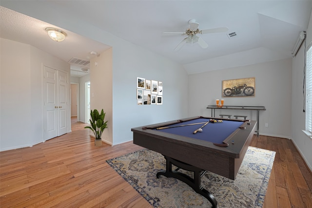 10210 Squirehill Ct, Houston, TX 77070 - recreation room featuring wood finished floors, billiards table, ceiling fan, baseboards, and vaulted ceiling
