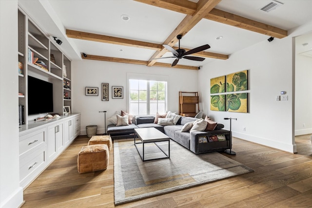 2224 N Blvd, Houston, TX 77098 - living room featuring light wood-type flooring, baseboards, beamed ceiling, ceiling fan, and recessed lighting