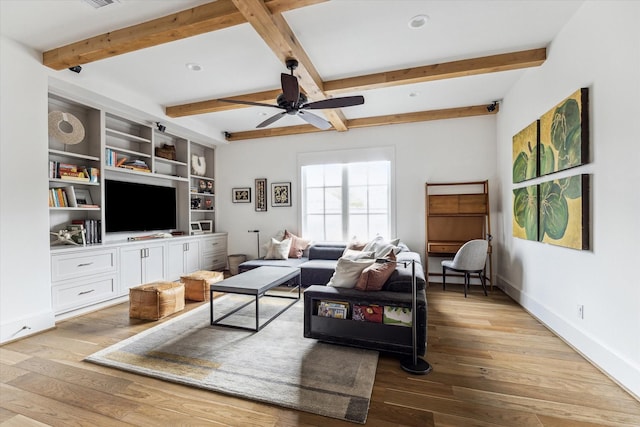 2224 N Blvd, Houston, TX 77098 - living area with hardwood / wood-style floors, a ceiling fan, beam ceiling, baseboards, and recessed lighting