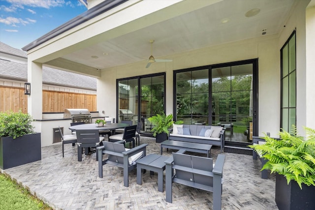 2224 N Blvd, Houston, TX 77098 - view of patio with grilling area, an outdoor hangout area, a ceiling fan, fence, and outdoor dining space